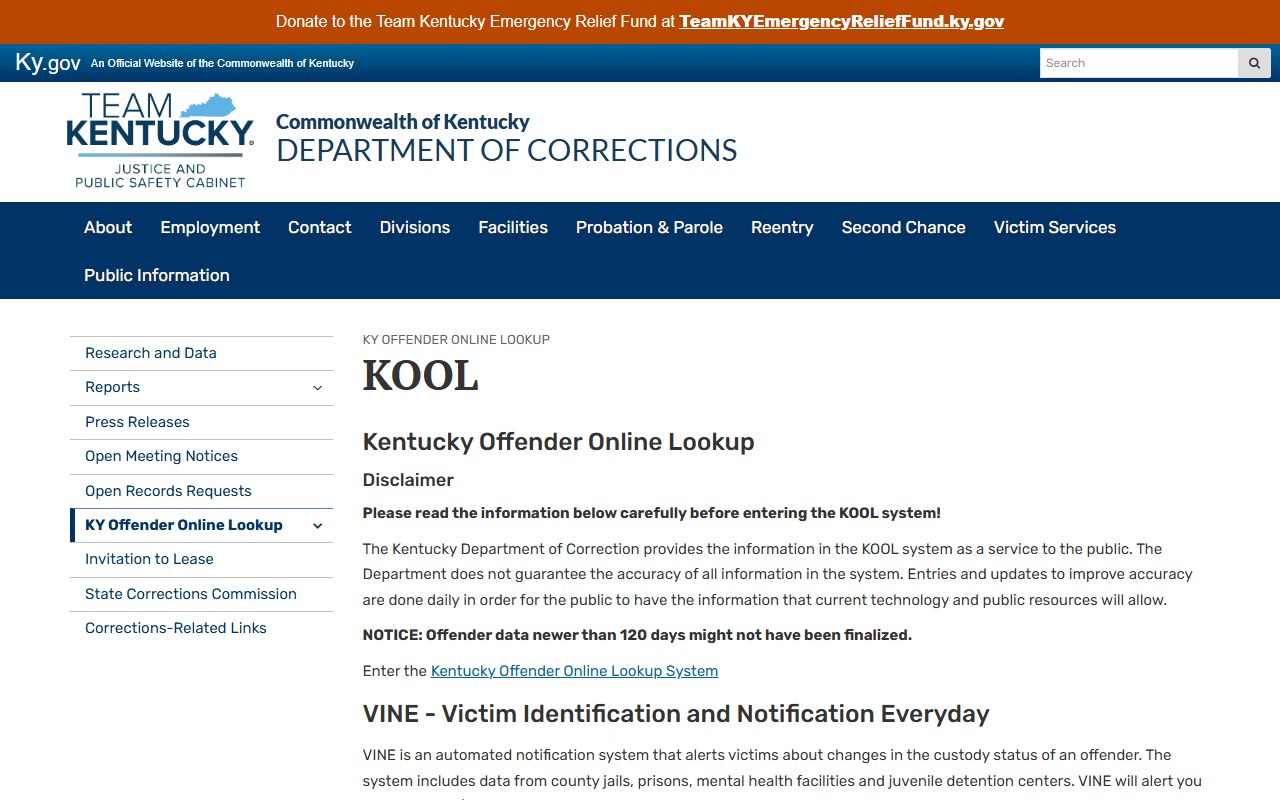 Kentucky DOC public information page for KOOL and VINE