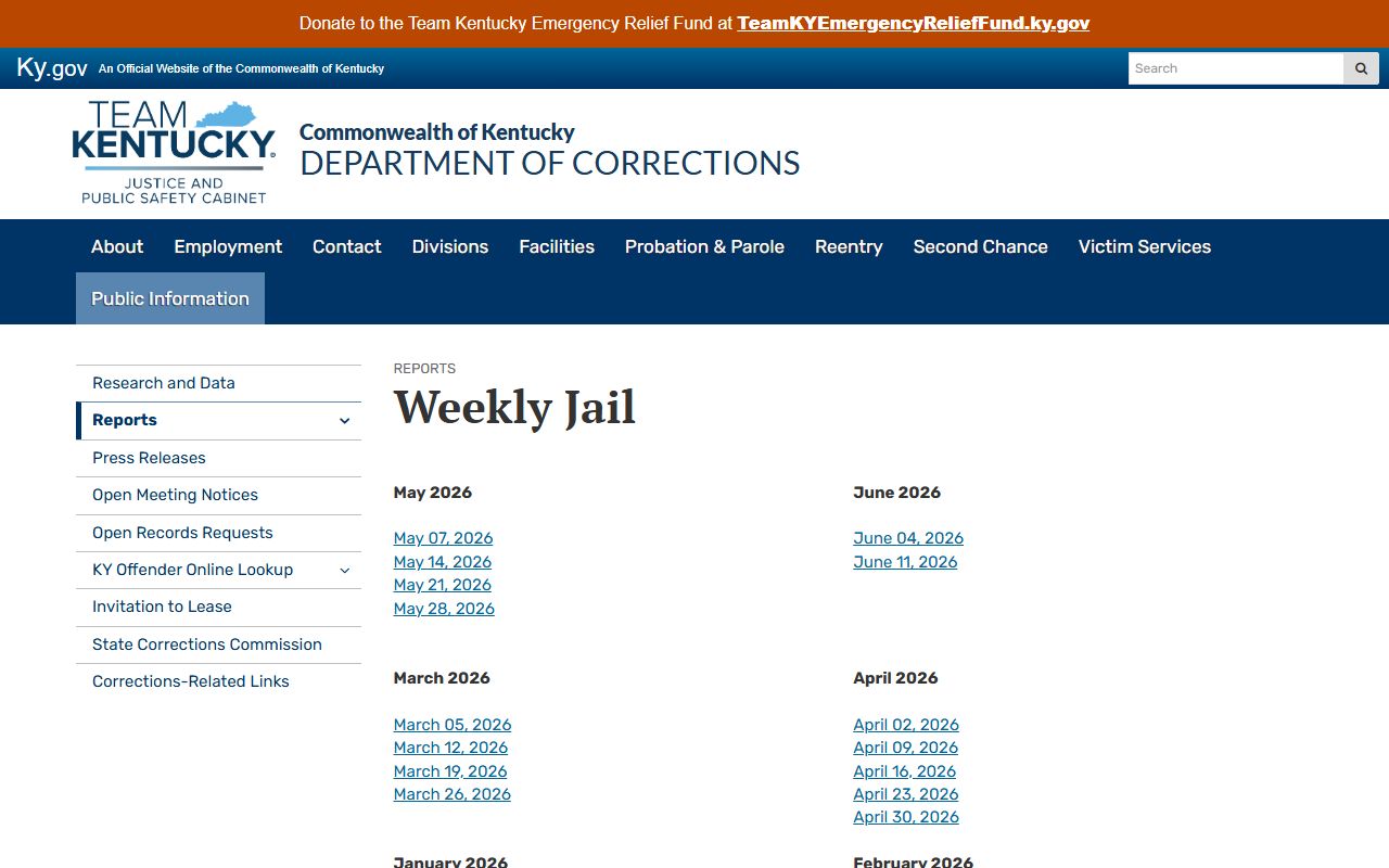 Hart County inmate population weekly jail report from Kentucky DOC