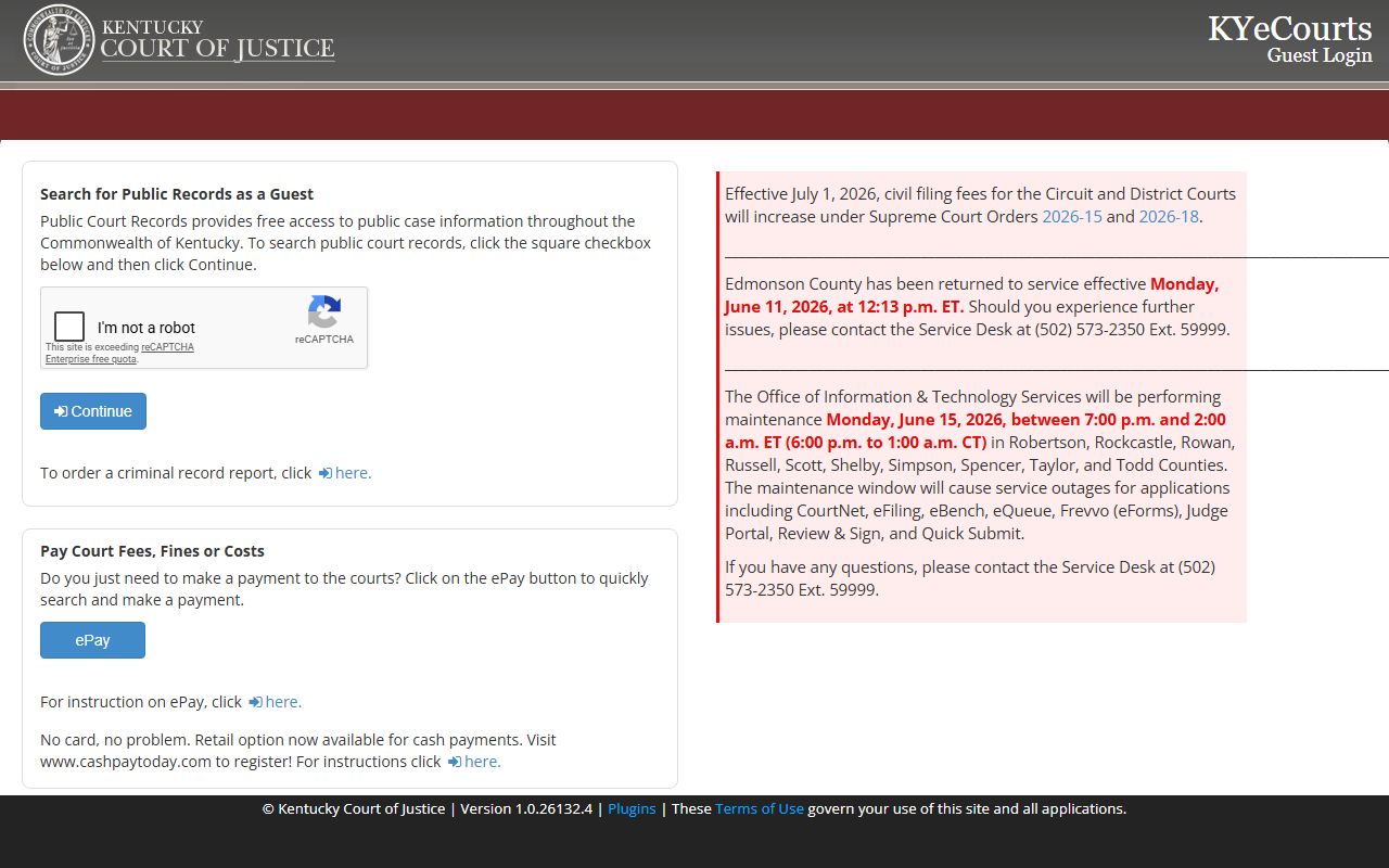 KYeCourts public records guest login page